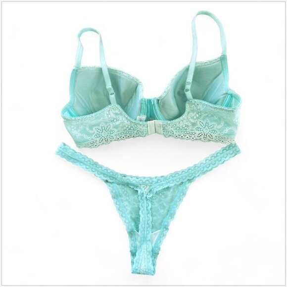On Gossamer Aqua Lace Crystal Trim Underwire Bra w Thong Panties Set NEW 34C / L - Picture 2 of 4